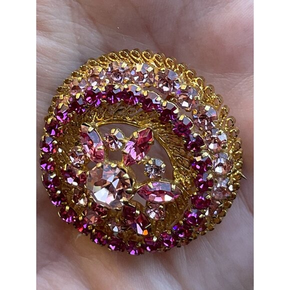 Vintage Rhinestone Brooch Made In Austria Fuchsia Pink Domed Gold-Tone - Picture 5 of 13